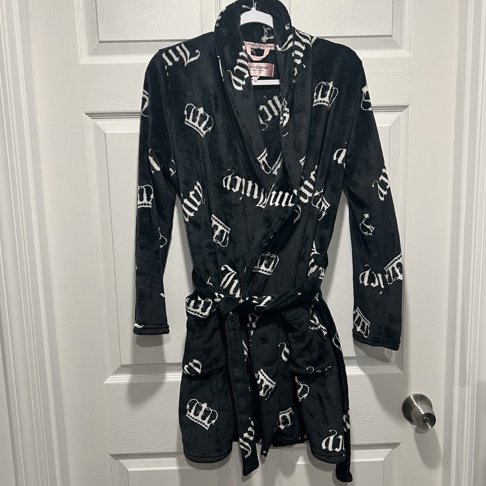 Juicy Couture Black Bath Robe Womens S/M Crown Logo Allover Print Loungewear